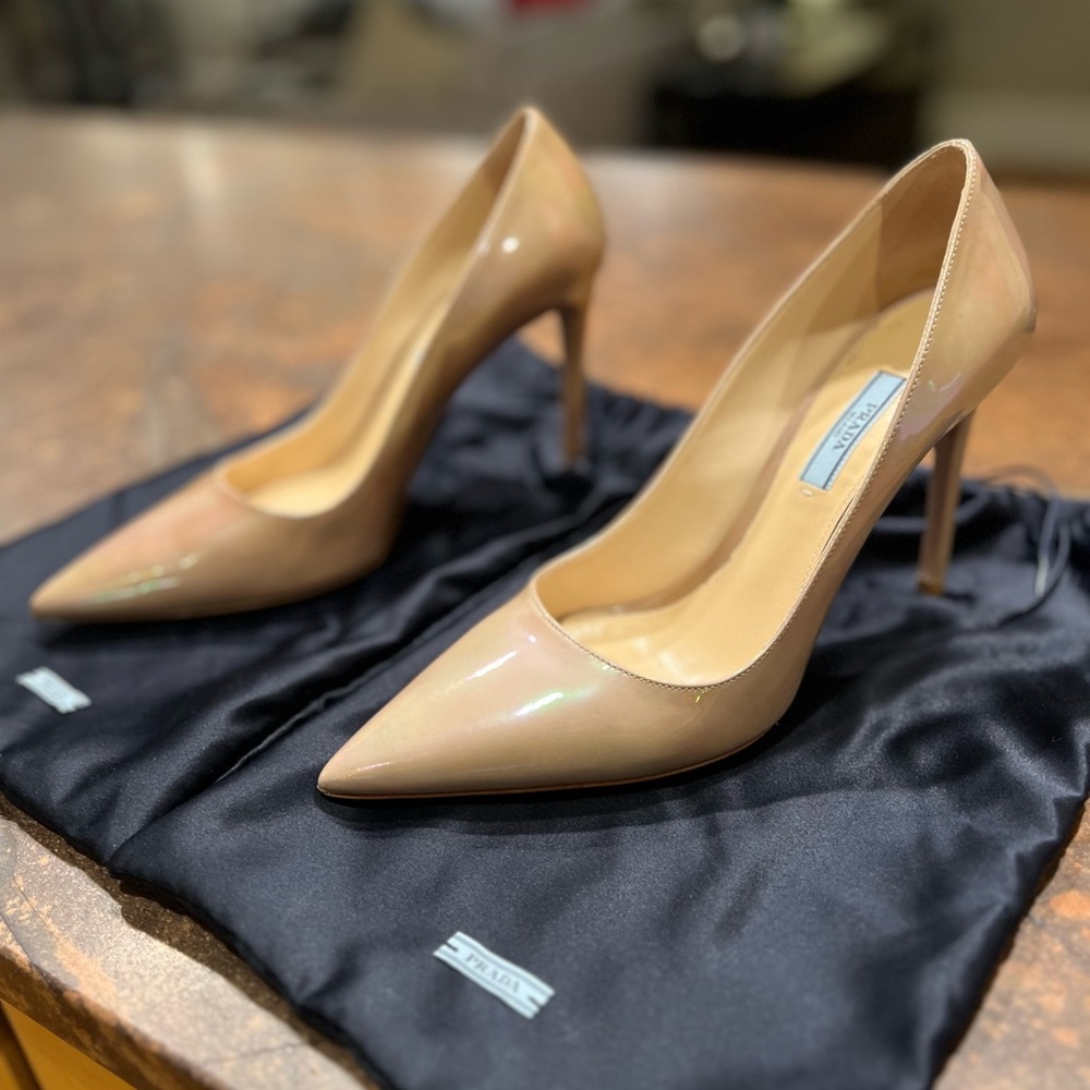 Prada Pointy Toe Pump (Women), Color: Sabbia Patent